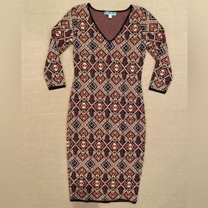 Dina Be Women’s Fitted Dress. Size Medium. Colors orange, blue, black, cream